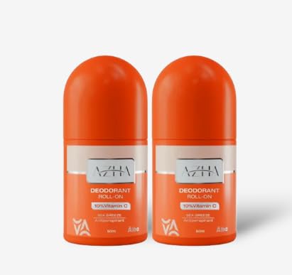 Azha Deodorant Roll-On Sea Breeze 10% Vitamin C 1+1 (2×60 ml) – 48-Hour Protection, Delays Hair Growth & Brightens Underarms