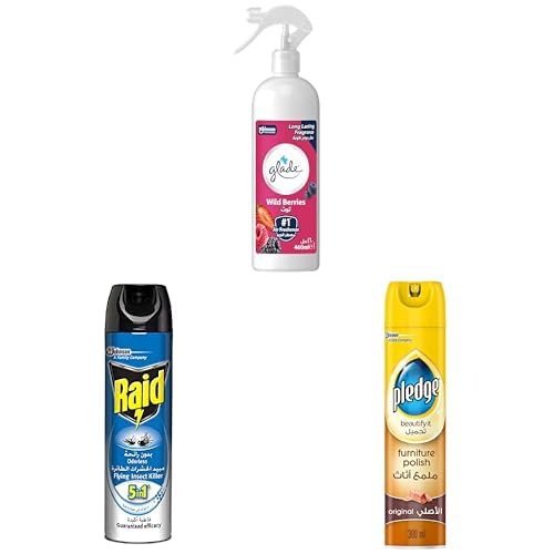 Glade air freshener Wild Berries 460ML + Raid Flying insect killer odorless 300ML + Pledge furniture polish original 300ML