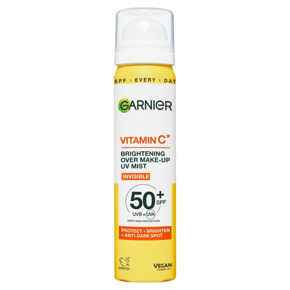 Garnier Vitamin C Brightening Over Make-Up UV Mist Invisible with SPF50+ and Vitamin C. Approved Cruelty free, Vegan - 75ML