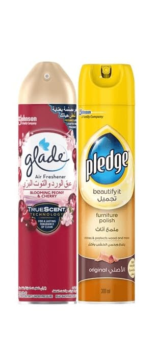Glade Aerosol Blooming Peony & Cherry Air Freshener, 300ml + Pledge Beautify It Furniture Polish Spray, Original Scent, 300ml