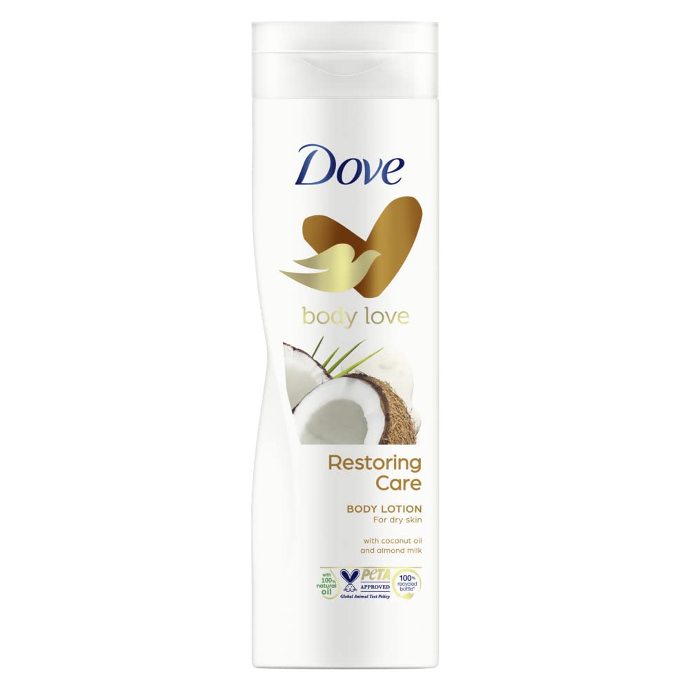 Dove Body Love Restoring Care Body Lotion, made with 100 percent Natural Oils, Coconut Oil and Almond Milk, up to 72 hours of Moisturization, 400ml