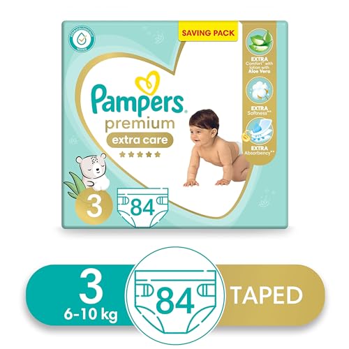 Pampers Premium EXTRA CARE Taped Diapers, Size 3, 6-10 kg, with Lotion with Aloe Vera, Saving Pack, 84 Baby Diapers (Pack of 2)