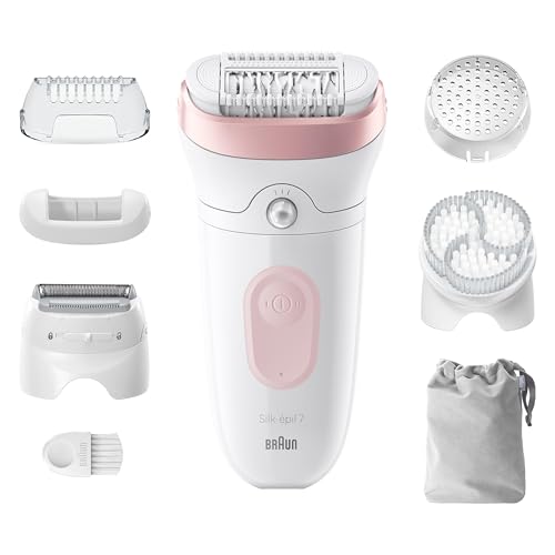 Braun Silk·épil 7 Wet & Dry Epilator SE7‐060 – 40 Tweezers, SmartLight, Rechargeable, for Sensitive Skin, Includes Shaver Head, Trimmer Cap, and Cleaning Brush – Hair Removal for Legs, Arms, and Body