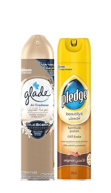 Glade Aerosol Sheer Vanilla Embrace Air Freshener, 300ml + Pledge Beautify It Furniture Polish Spray, Original Scent, 300ml