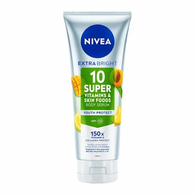 NIVEA Extra Bright 10 Super Vitamins & Skin Foods Body Serum, Youth Protect with SPF15, 150x Vitamin C, 180ml.