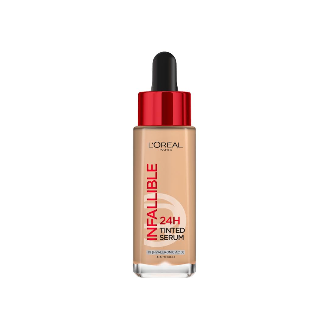 L’Oréal Paris Infallible 24H Tinted Serum Foundation with 1% Hyaluronic Acid, with 1% Hyaluronic Acid for Radiant Hydrated Skin, Light to Medium Coverage, 24H Longwear, Transfer-proof 30ml, Medium 4-5