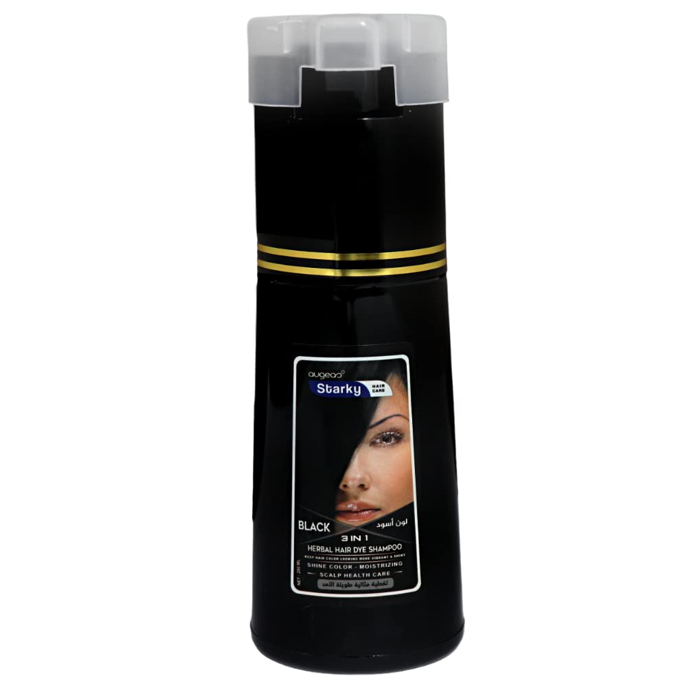 Starky herbal hair dye shampoo 3 in1 black shine color,moisturizing,scalp health care ultra long lasting (b01) color black-250ml