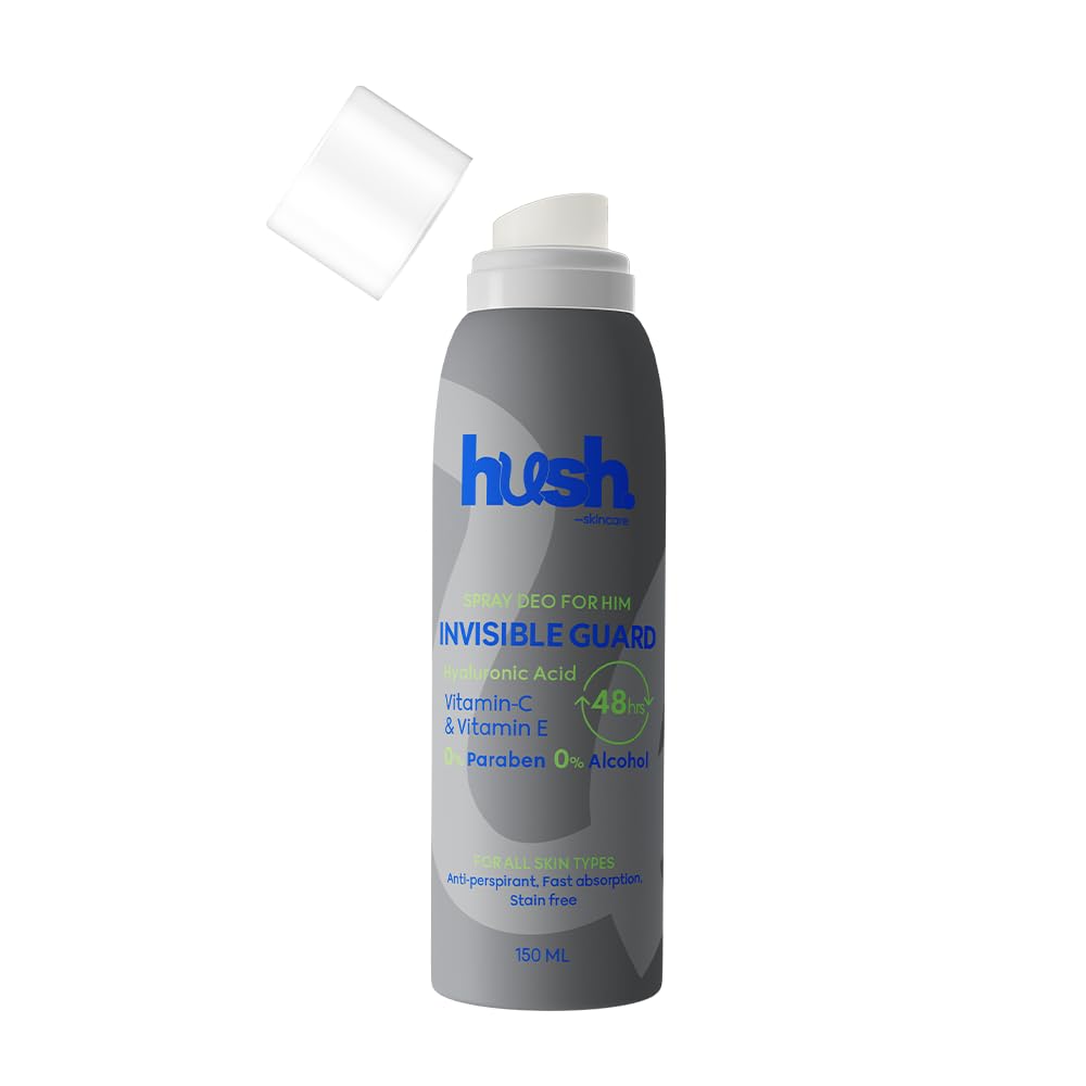 Hush Skincare Invisible Guard for Him Spray Deodorant, 150 ml – Scent: Woody, citrus amber– Skin-Nourishing with Hyaluronic Acid, Vitamins C & E – Alcohol-Free, Paraben-Free