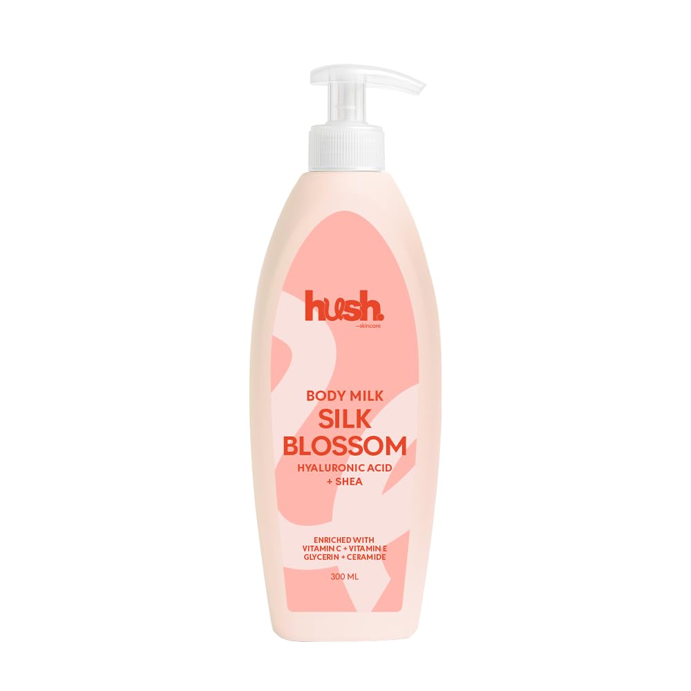 Hush Skincare Silk Blossom Body Milk with Hyaluronic Acid, Vitamins C & E, Glycerin, Shea and Ceramide – Powdery Citrus Fruits Scent – 300 ml