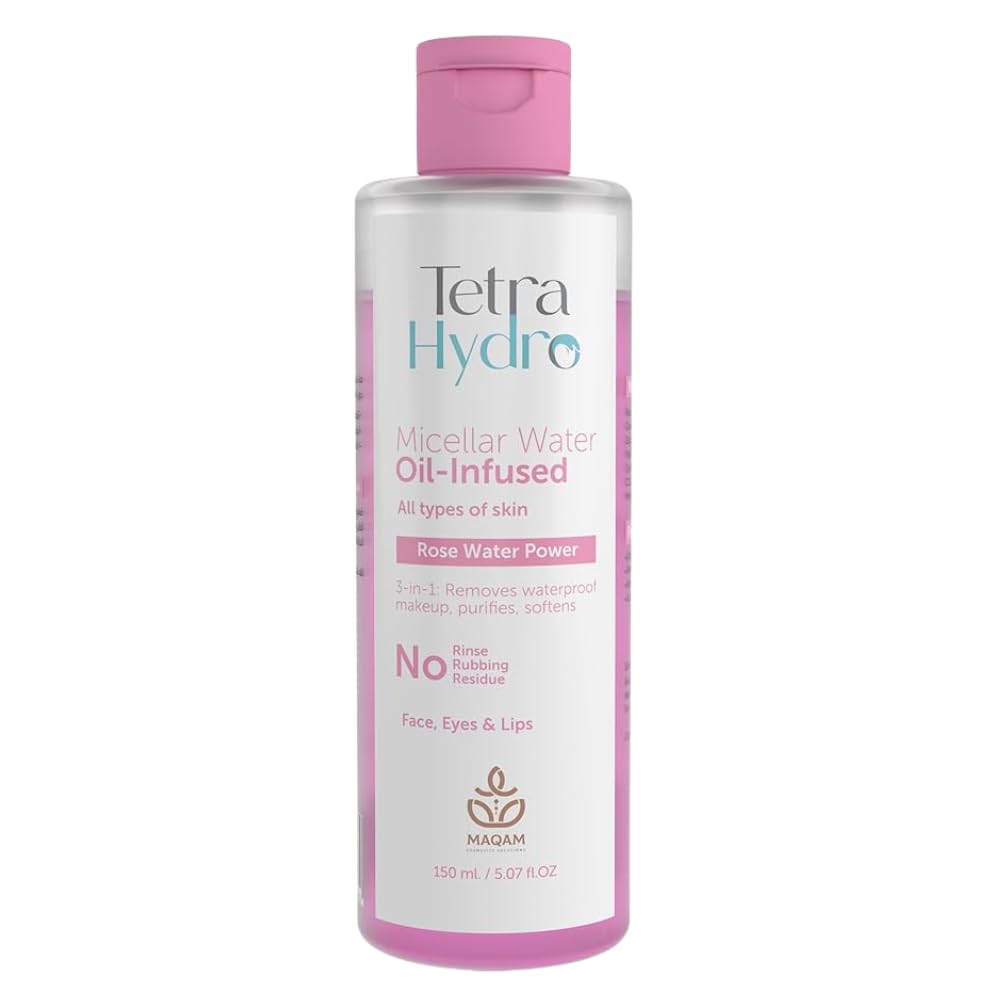 Tetra Hydro Oil-Infused Micellar Water, Rose Water Power, 3-in-1 Makeup Remover for Face, Eyes and Lips, oil infused micellar, purifies skin, hydration for all skin types,150ml