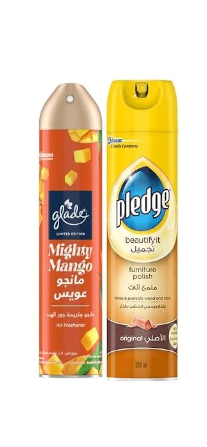 Glade Aerosol mighty mango Air Freshener, 300ml + Pledge Beautify It Furniture Polish Spray, Original Scent, 300ml