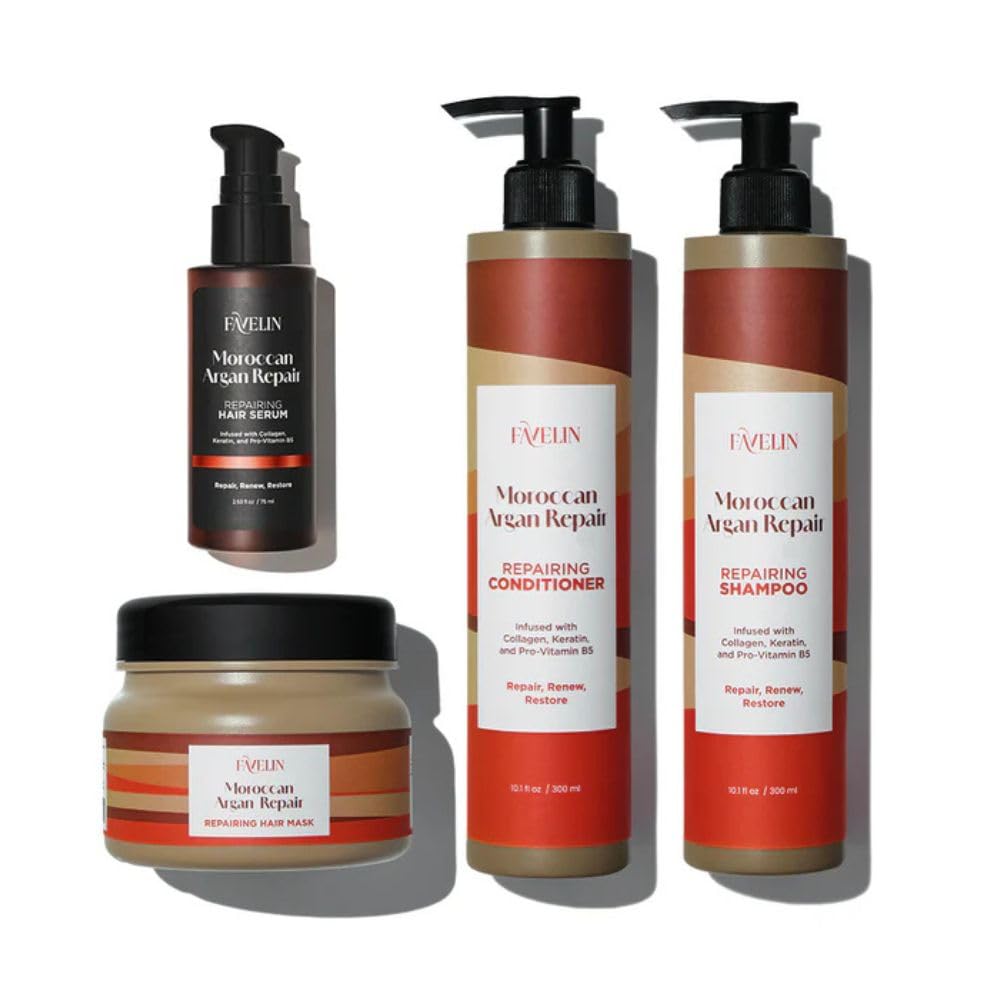 Favelin Argan Repair Extra Set 300 ml | Shampoo & Conditioner 300 ml + Hair Mask 300 ml + Hair Serum 75 ml | With Argan Oil & Collagen | Ultimate Care for Damaged Hair