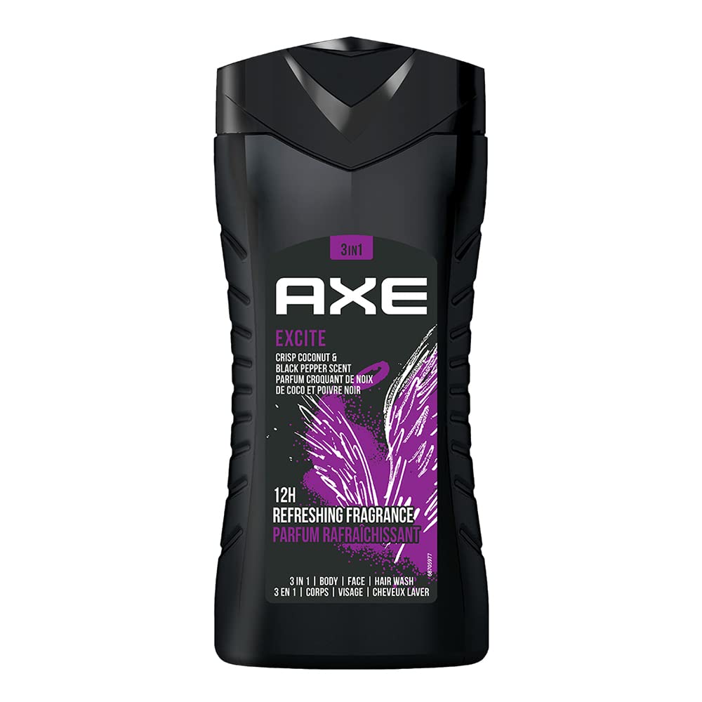 AXE Excite 3 In 1 Body, Face & Hair Wash for Men, Long-Lasting Refreshing Crisp Coconut & Black Pepper Fragrance for Up To 12hrs, Natural Origin Ingredients, Removes Odor & Bacteria, No Parabens,