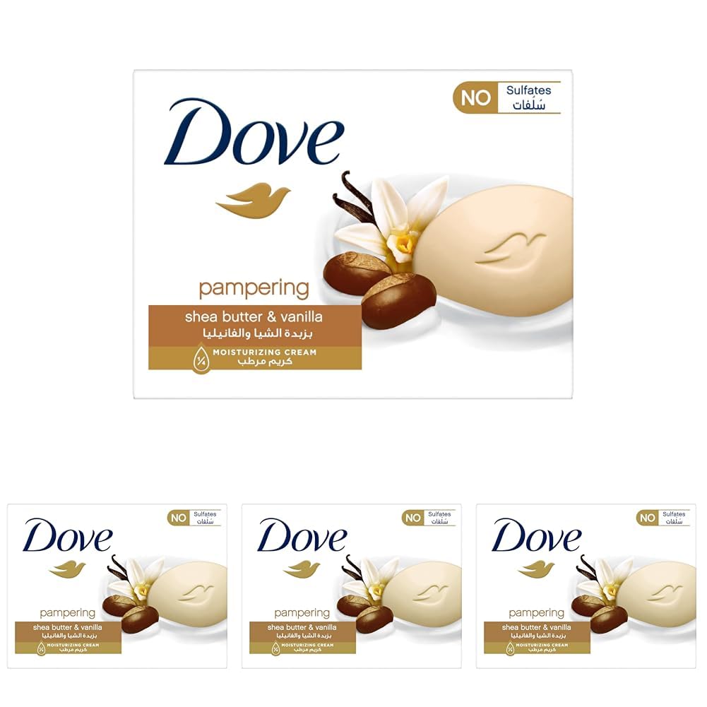 Dove bar soap Pampering Beauty Cream, for all skin types, Shea Butter & Vanilla with 1⁄4 moisturizing cream 90G (Pack of 4)