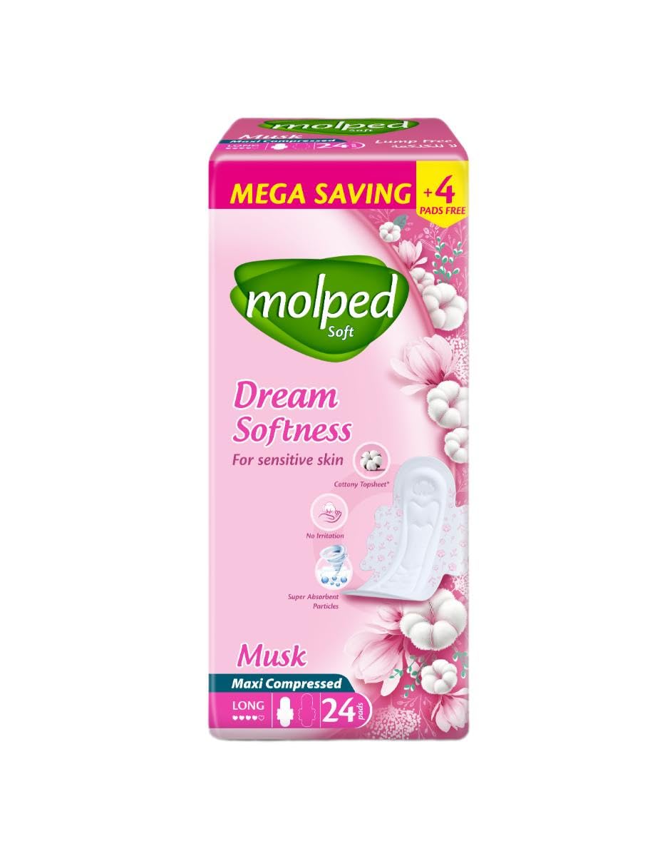 Molped Extra Hygiene Maxi Pads, 24 Count, Long, Soft Compressed, Antibacterial Protection, Cotton-Like Material