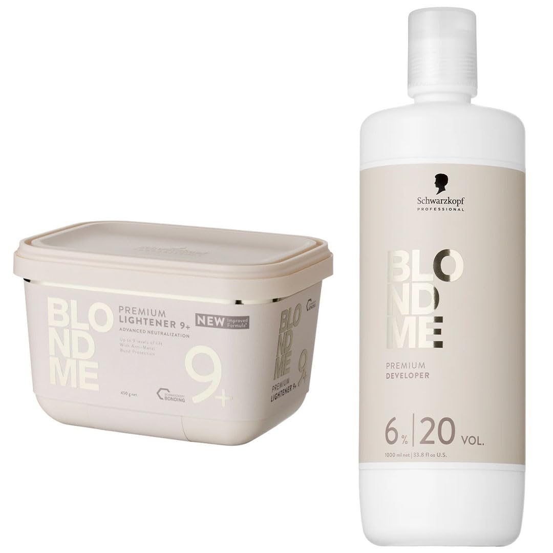 Schwarzkopf Professional Duo Blond Me PPL9+ Premium Bleaching Comp. Powder 450 g Lightener 9+ & Blond Me Supreme Blonde Hair Quality Premium Care 9% 20 Vol Developer 1000 ml Schwarzkopf