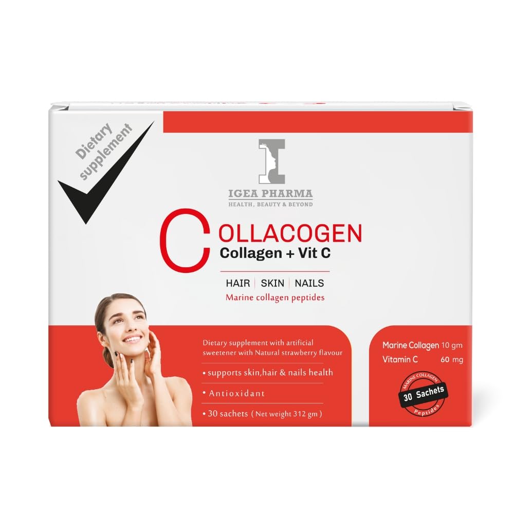 Igea Collacogen & Vit C Strawberry 30 Sachets 312 GM - With Natural Strawberry Flavour - Facial Fine Lines and Wrinkles - Skin and Nails With Shine Hair-Antioxidant