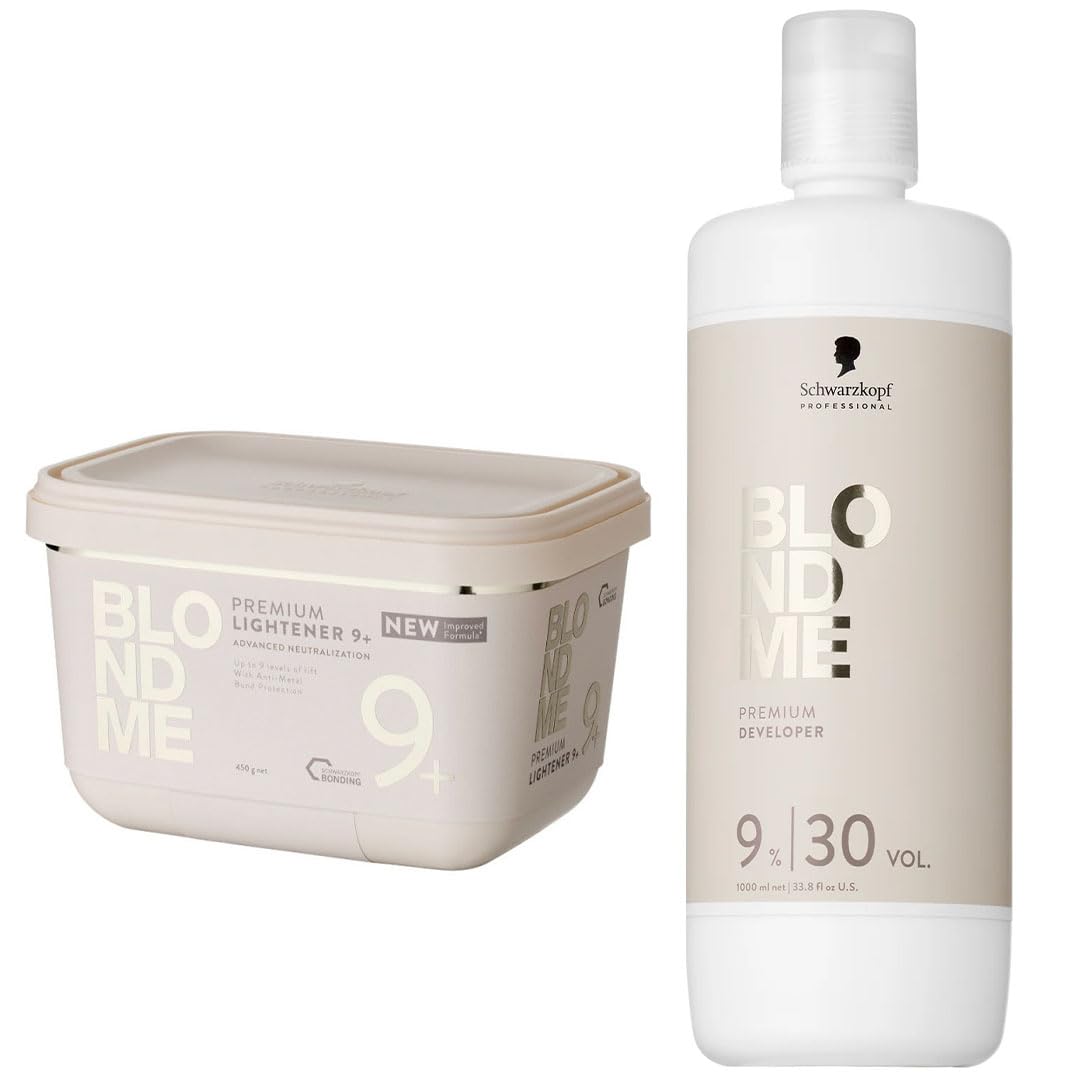 Schwarzkopf Professional Duo Blond Me PPL9+ Premium Bleaching Comp. Powder 450 g Lightener 9+ & Blond Me Supreme Blonde Hair Quality Premium Care 9% 30 Vol Developer 1000 ml Schwarzkopf