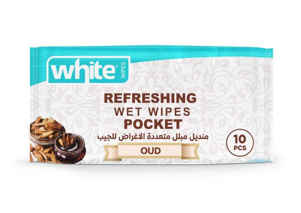 White Pocket Refreshing Oud Scent Wet Wipes - 10 Sheets | Pocket Size for On-the-Go
