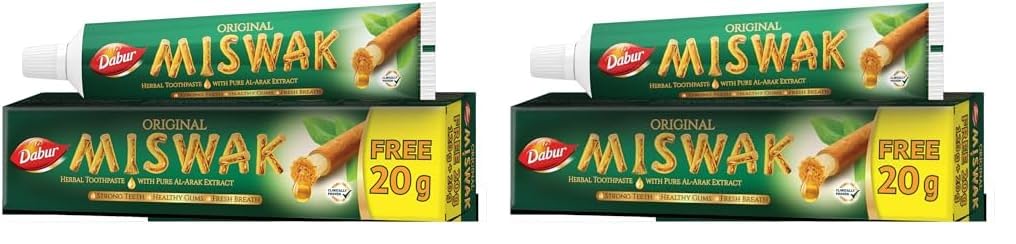 Dabur Miswak Herbal Fresh Toothpaste 120gm+20gm free| With Pure Al-Arak Extract | Strong Teeth & Healthy Gums (Pack of 2)