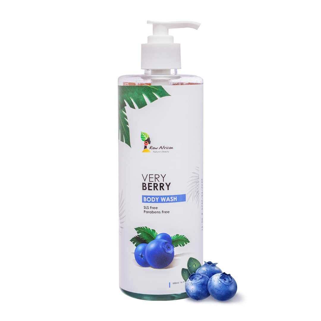 RAW AFRICAN | Very Berry Body Wash | 500 gm | Shower Gel | Organic Cleanser | Gentle Exfoliating | Blueberry | Vegan | 100% Natural Essential Oils