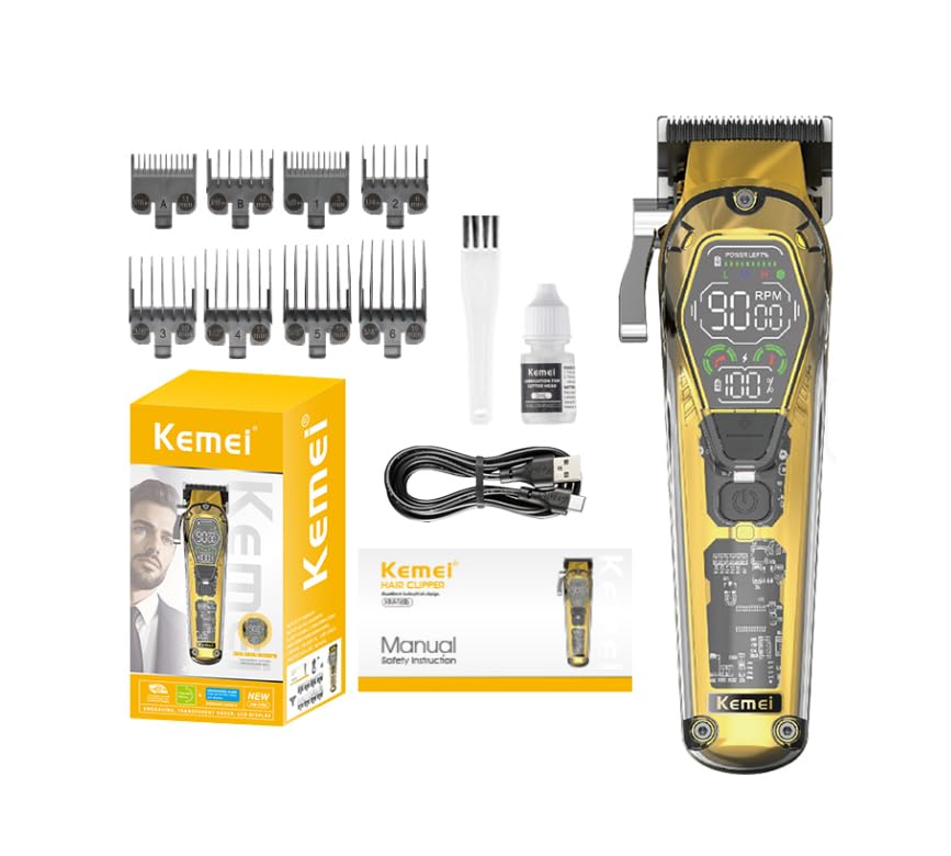 KEMEI The Kemei KM-1806 concealed shaver features a blade control arm, a color LED display, and three speed buttons.
