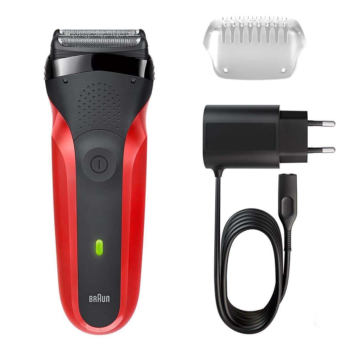 Braun Series 3 300s Rechargeable Electric Foil Shaver With 3 Flexible Blades, Protection Cap – Red