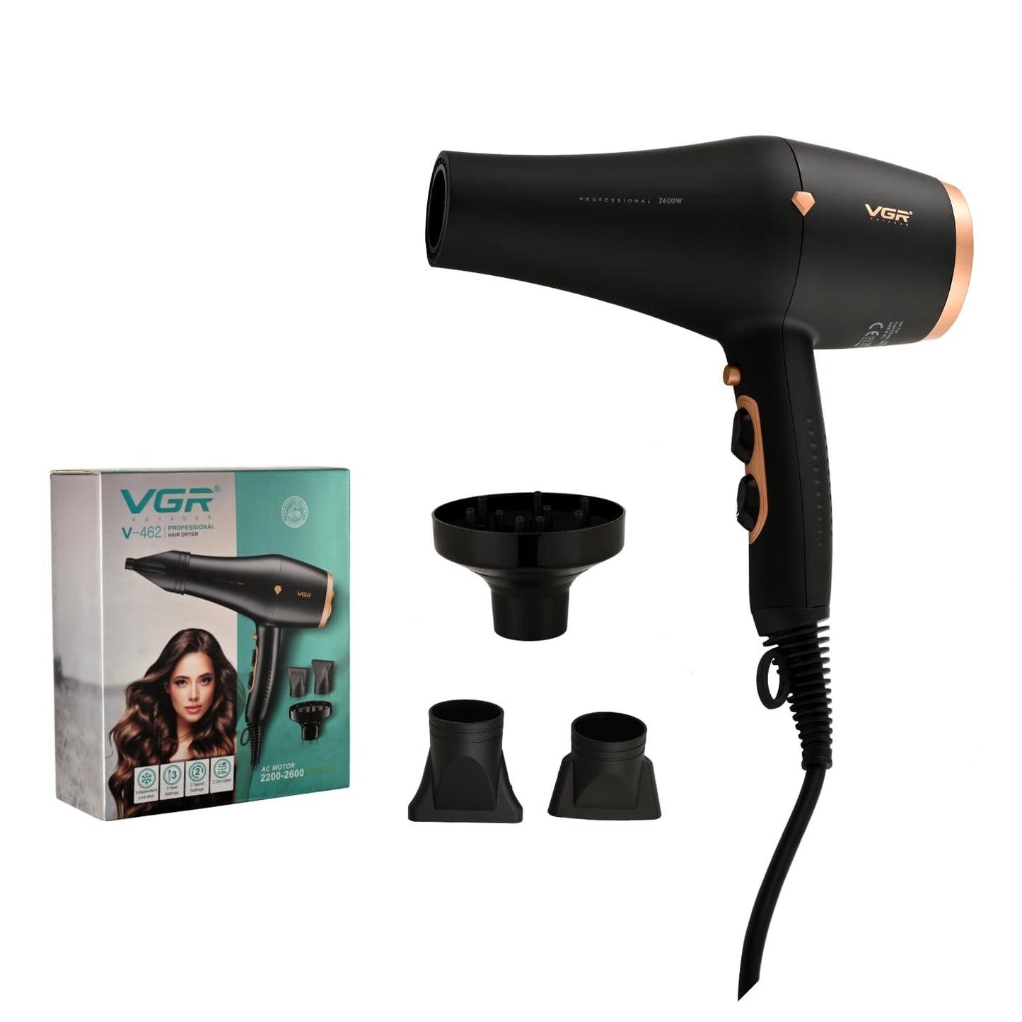VGR V-462 Professional Salon Series Hair Dryer 2200-2600W AC Motor 3 Heat & 2 Speed Setting Independent Cool Shot Styling Nozzle Concentrator Diffuser Overheating Protection 2.5M Cord cable, Black