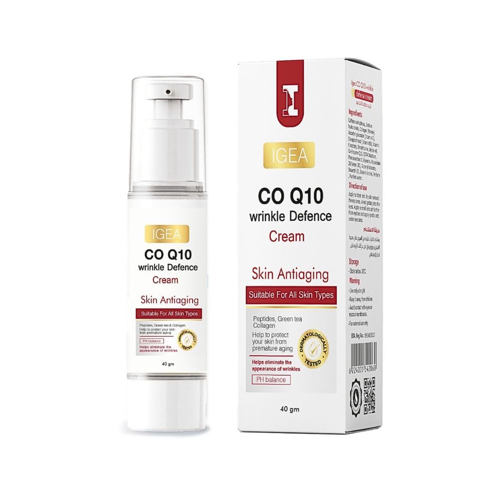 Igea CO Q10 Wrinkle Defence Cream – 40 ML With Peptides & Green tea – Jojoba Oil & collagen - Skin Antiaging - Reduces wrinkles & fine lines - hydration & nourishment