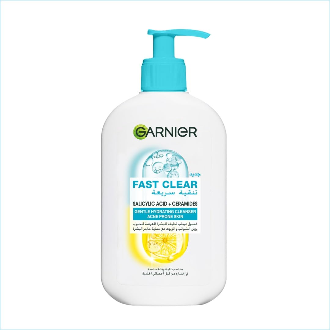 Garnier Fast Clear Gentle Cleanser, Deep Hydrating Face Wash for Acne Prone Skin with Salicylic Acid and Ceramides, Sulphate and Fragrance Free, 250ml