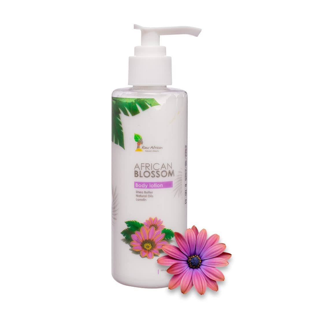 RAW AFRICAN | African Blossom Body Lotion | 200 gm | Daily Body Moisturizer | Softer and Smoother Skin | Shea Butter | Organic | Vegan | 100% Natural Essential Oils