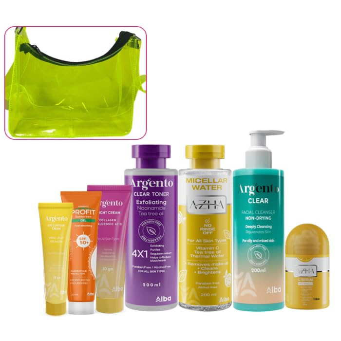 Alba Pharma clear200ml+azha serum30ml+azha pelling30ml+eye contour15gm+night30gm+profit gel25ml+green bag