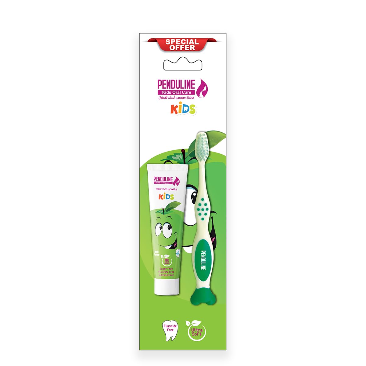 Penduline Kids Oral Care Pack – Greeen Apple Flavor Toothpaste 25g (Fluoride Free) + Ultra Soft Toothbrush | for Kids 2 Years +