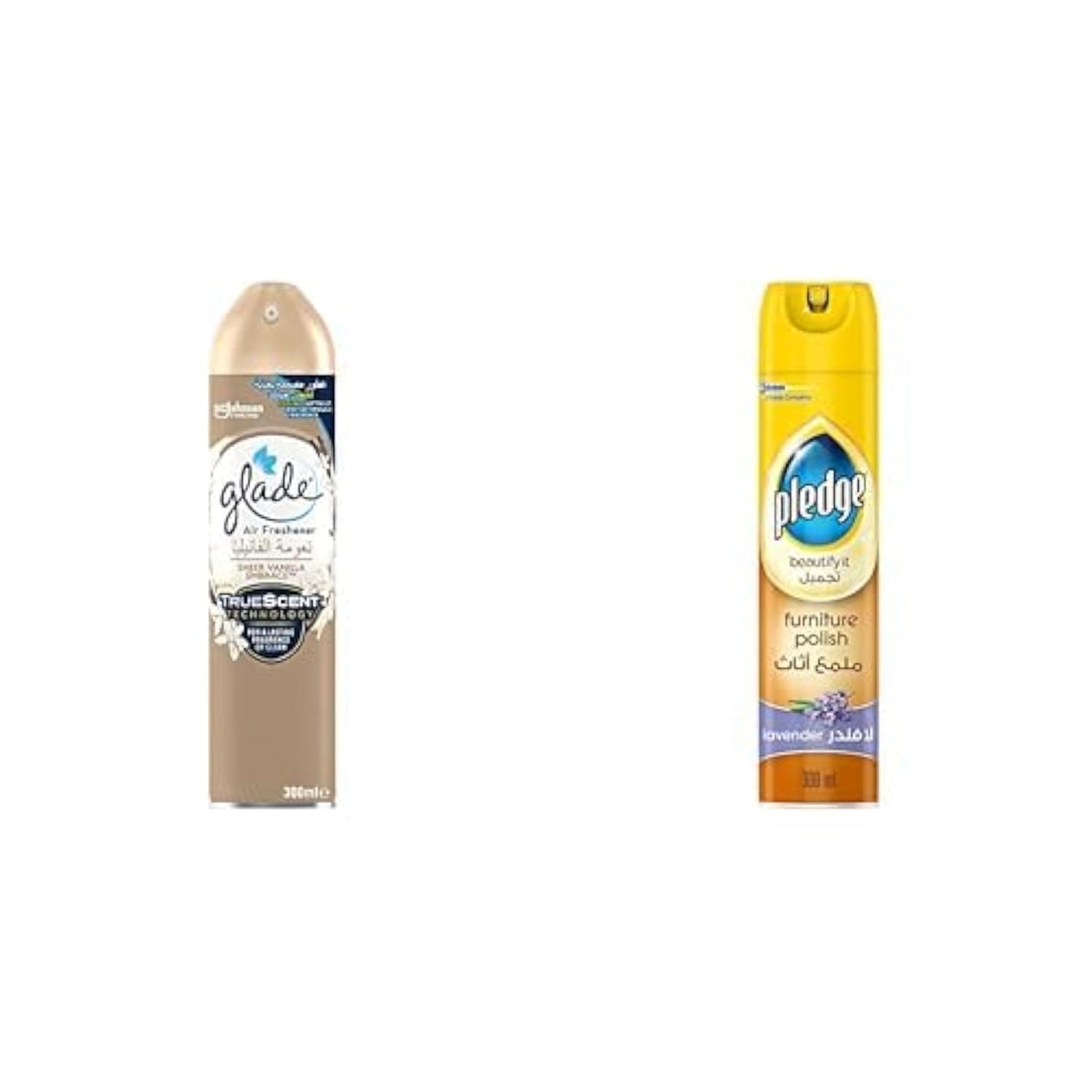 Glade Aerosol Sheer Vanilla Embrace Air Freshener, 300ml + Pledge Beautify It Furniture Polish Spray, Lavendar Scent, 300ml