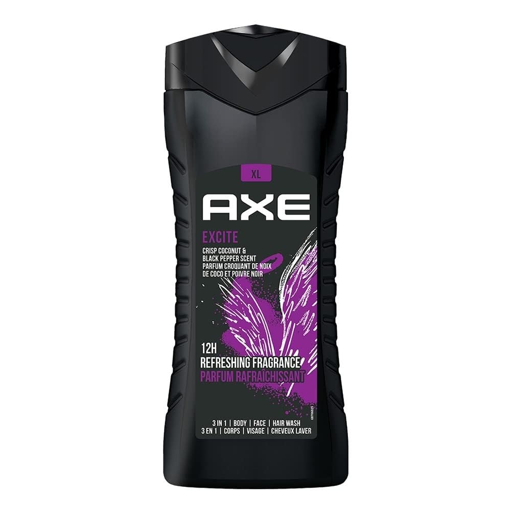 AXE Excite 3 In 1 Body, Face & Hair Wash For Men, Long-Lasting Refreshing Crisp Coconut & Black Pepper Fragrance For Upto 12Hrs, Natural Origin Ingredients, Removes Odor & Bacteria, No Paraben, 400ml