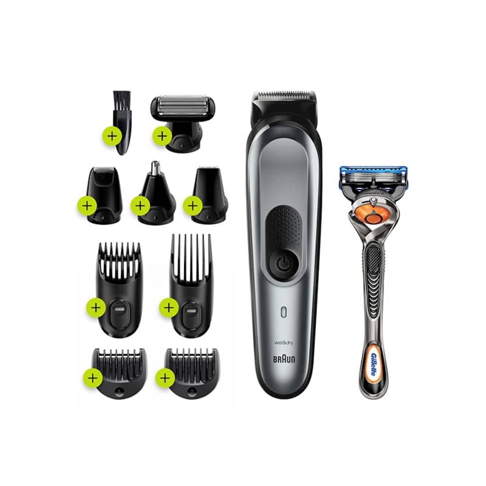 Braun All-in-One Trimmer 7 for Face, Hair, and Body, Black/Grey Metal 10-in-1 styling kit with Gillette Fusion5 ProGlide razor – International Warranty – MGK7221