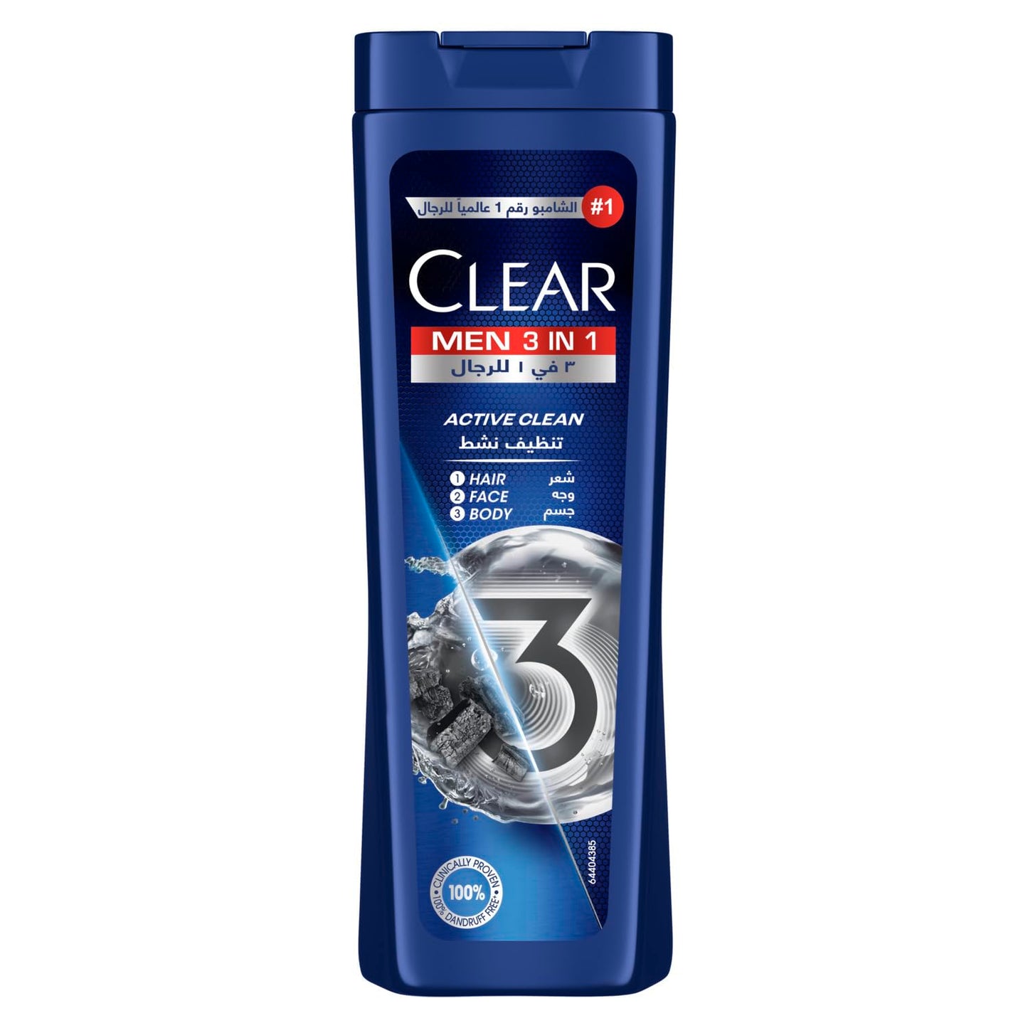 CLEAR Men 3in1 Shampoo for men, anti dandruff shampoo for Hair, Face & Body, Active Clean, 100% dandruff-free scalp, refreshed & moisturized skin, 180ML