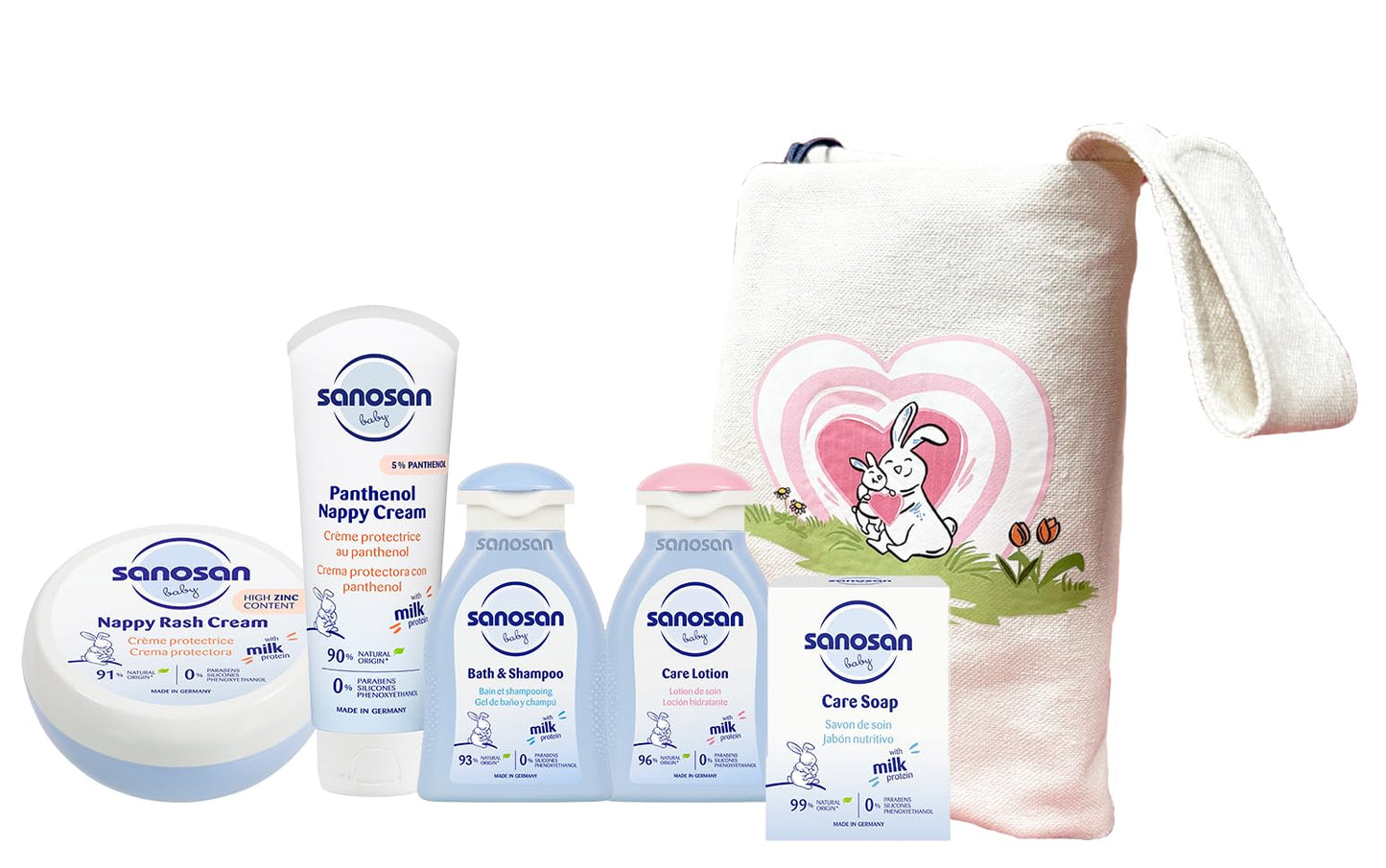 Sanosan bundle 18 (daiper change wallet+panthenol nappy cream 100 ml +nappy rash cream 150 ml +bath &shampoo 100 ml +care lotion 100 ml +soap 100 gm)