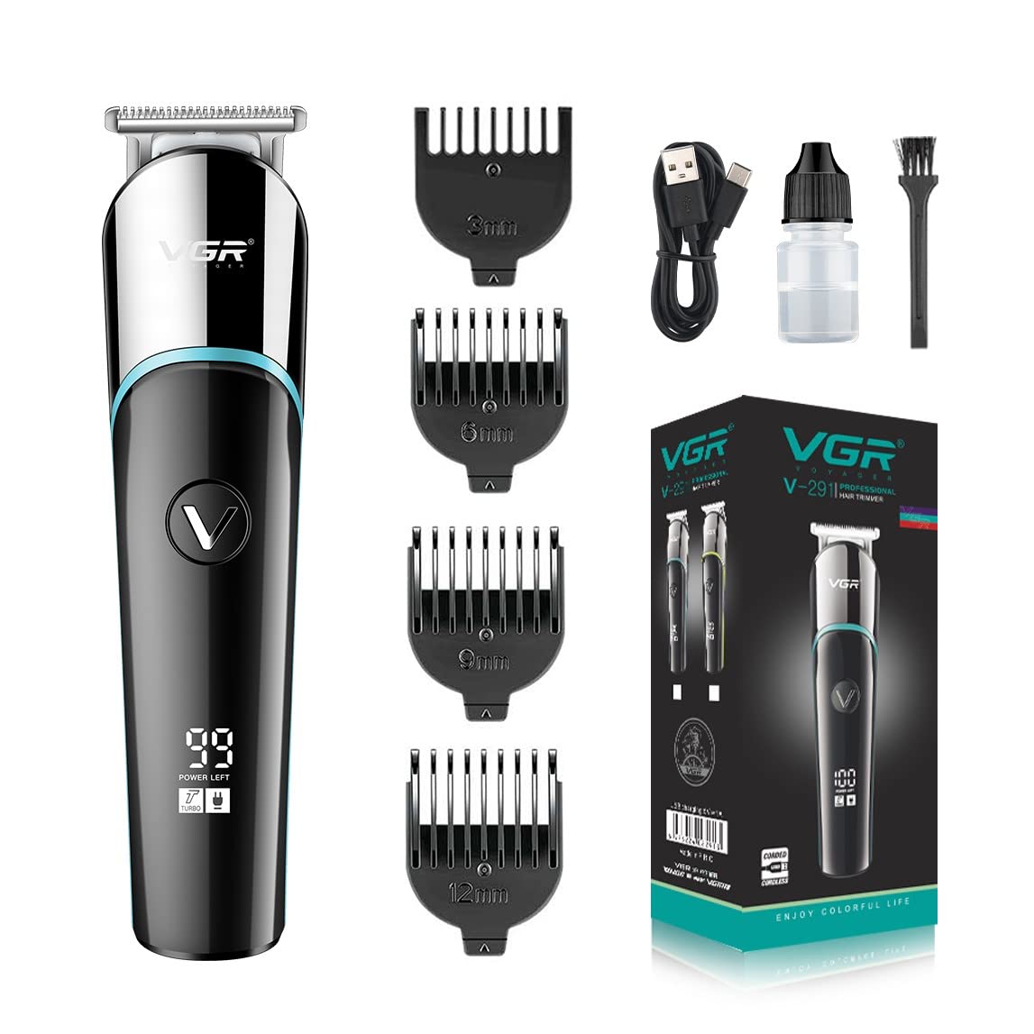 Vgr V-291 Professional Rechargeable Turbo Function Cordless Beard/Hair Trimmer Kit With Guide Comb, Usb Charging Cord For Men Family & Pets, Blue