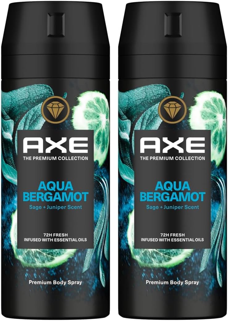 Axe The Premium Collection, Body Spray for Men, Aqua Bergamot,for fine body fragance & 72H odor protection deodorant, 150ml (Pack of 2)