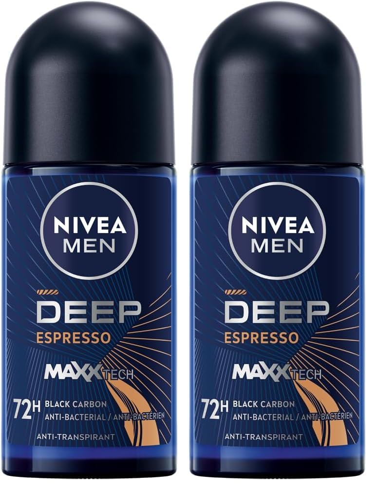 NIVEA MEN DEEP Black Carbon Espresso, Antiperspirant for Men, Antibacterial, Roll-on 50ml (Pack of 2)