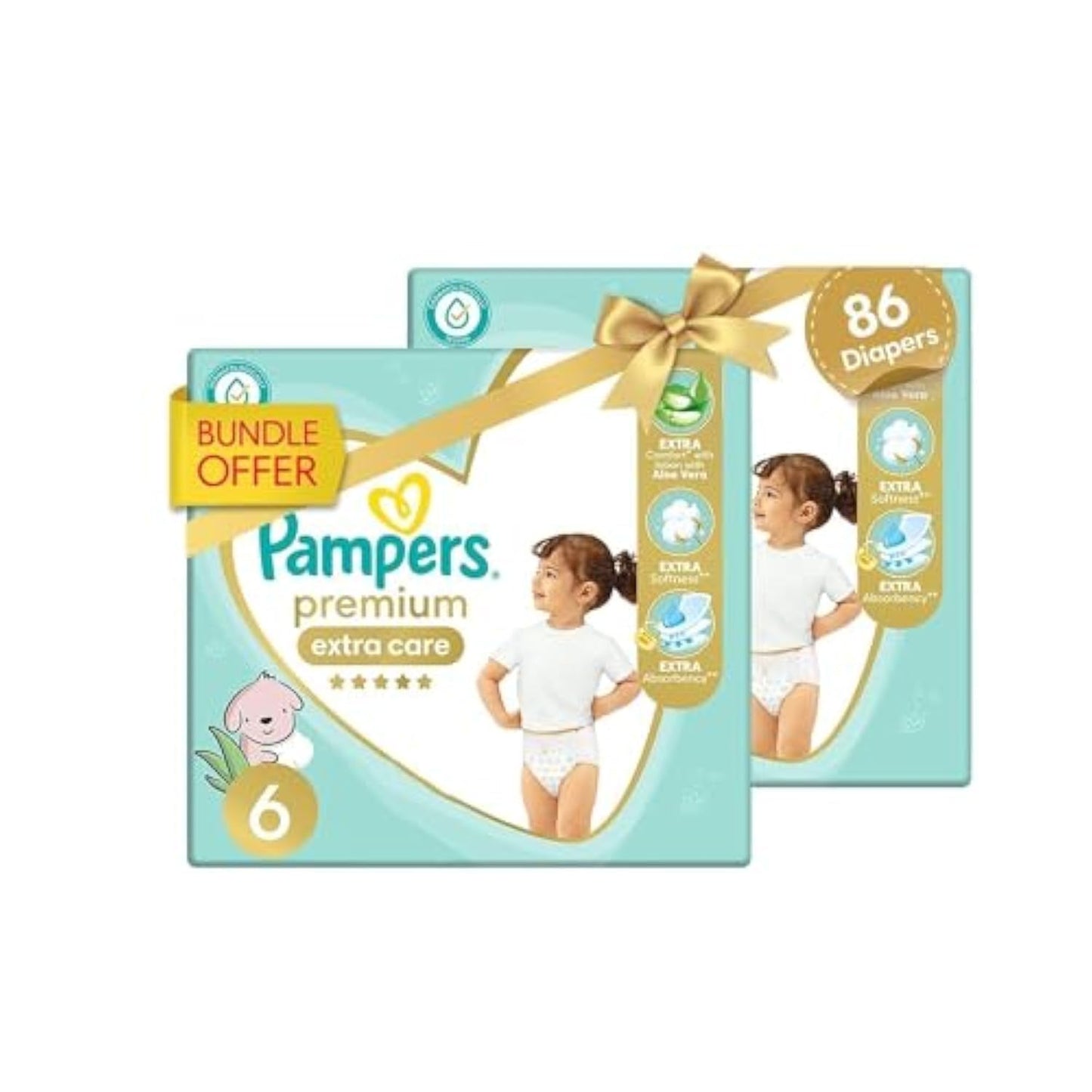 Pampers Premium Extra Care Diapers, Size 6, 13 kg, with lotion with aloe vera, 86 Baby Diapers Bundle of 2