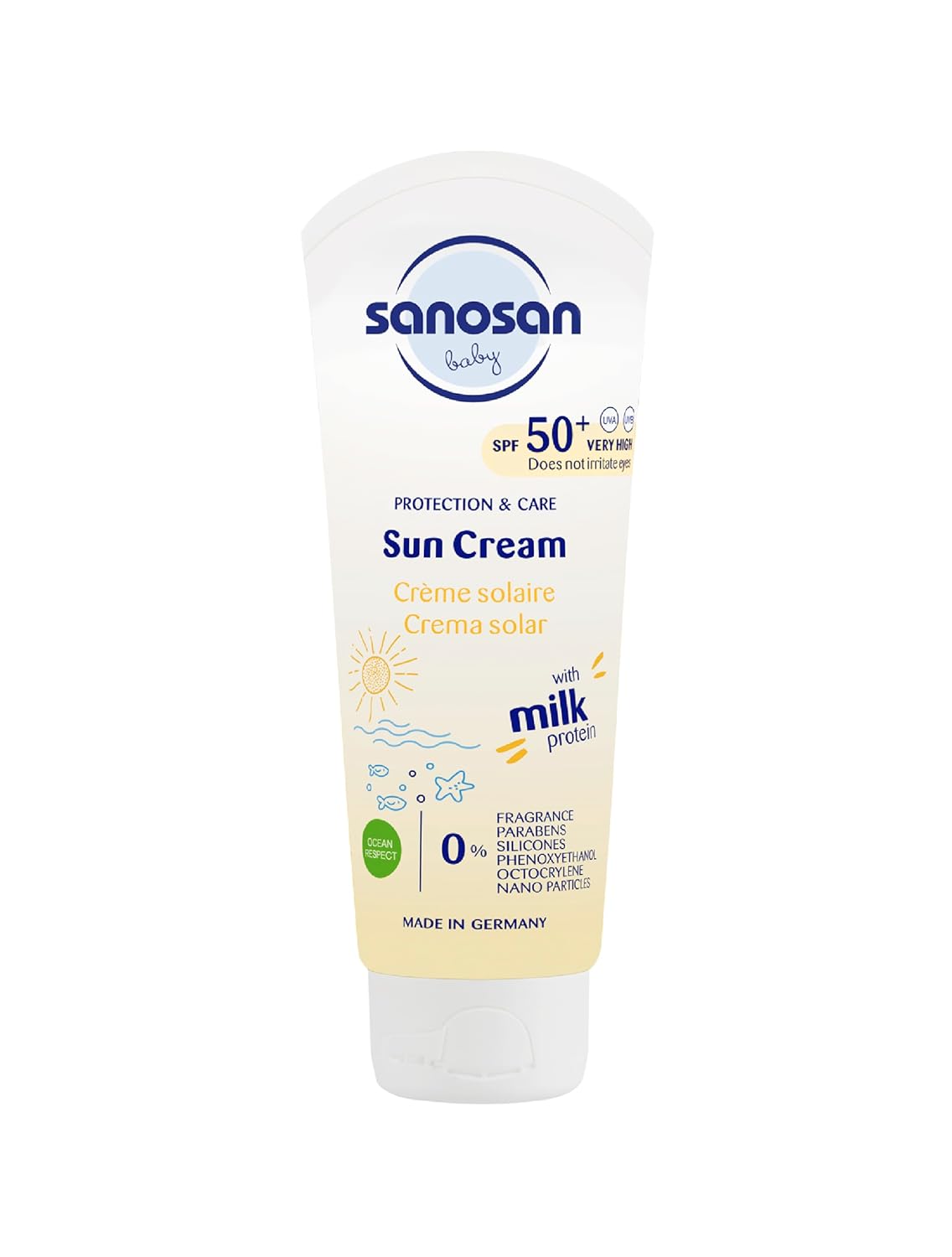 Sanosan Baby Sun Cream | SPF 50+ | Water Resistant | UVA/UVB Protection | Preservative Free, Fragrance Free, Paraben Free, Paraffin Free - 75ml