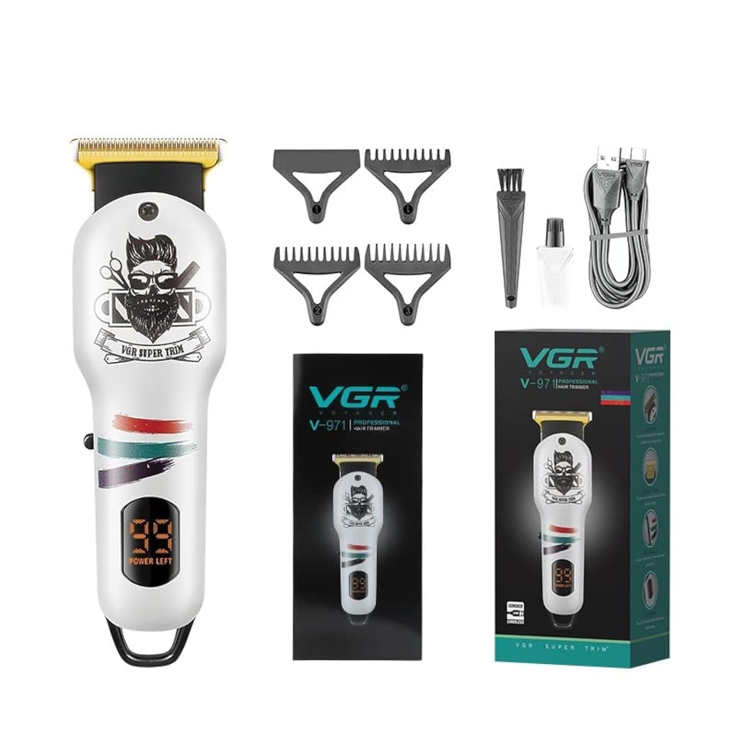 VGR V-971 Professional Hair Clipper Kit with Digital Display| Beard Hair Trimmer Kit | For Men, Rechargeable Li-ion Battery (White)