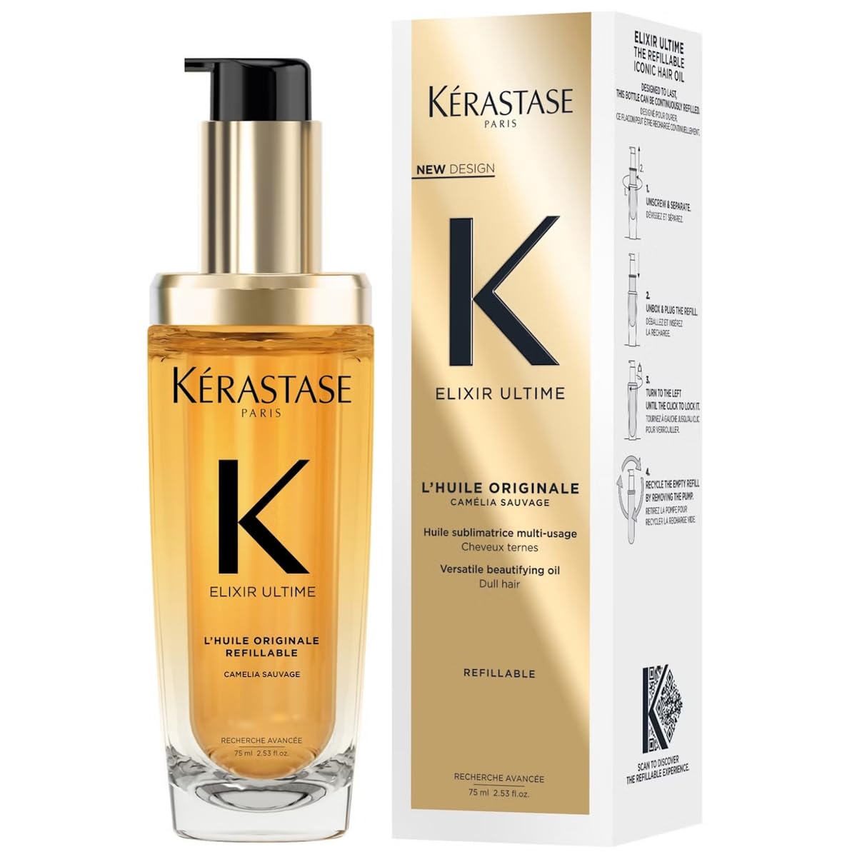 KÉRASTASE Elixir Ultime, L'Huile Originale Refillable Hair Oil | Versatile Leave-In Oil to Smooth Frizz & Add Shine | For All Hair Types | 75ml