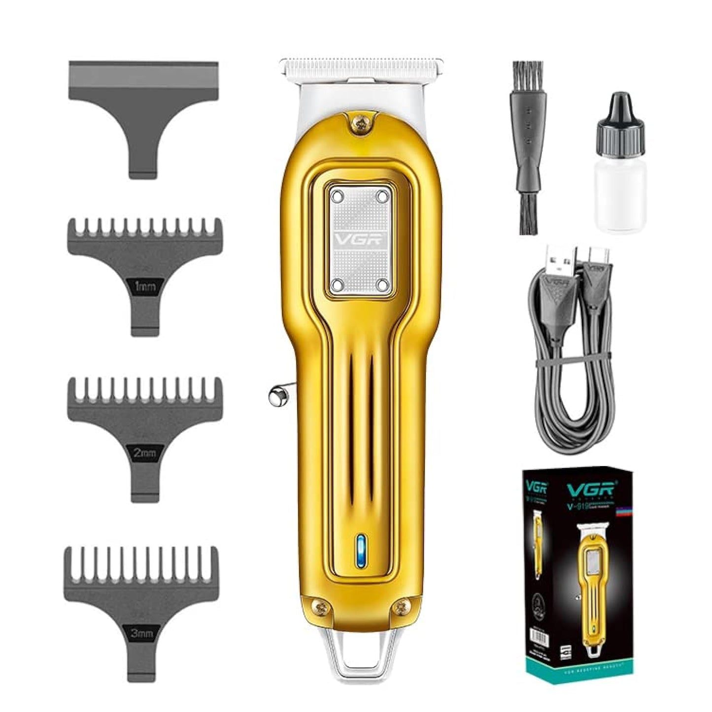 Vgr V-919 Professional Rechargeable Cordless Hair & Beard Trimmer With Stainless Steel Blades, Usb Charging Cable, 3 Guide Combs For Men Runtime: 100 Mins, 600 Mah Li-Ion Battery, Gold