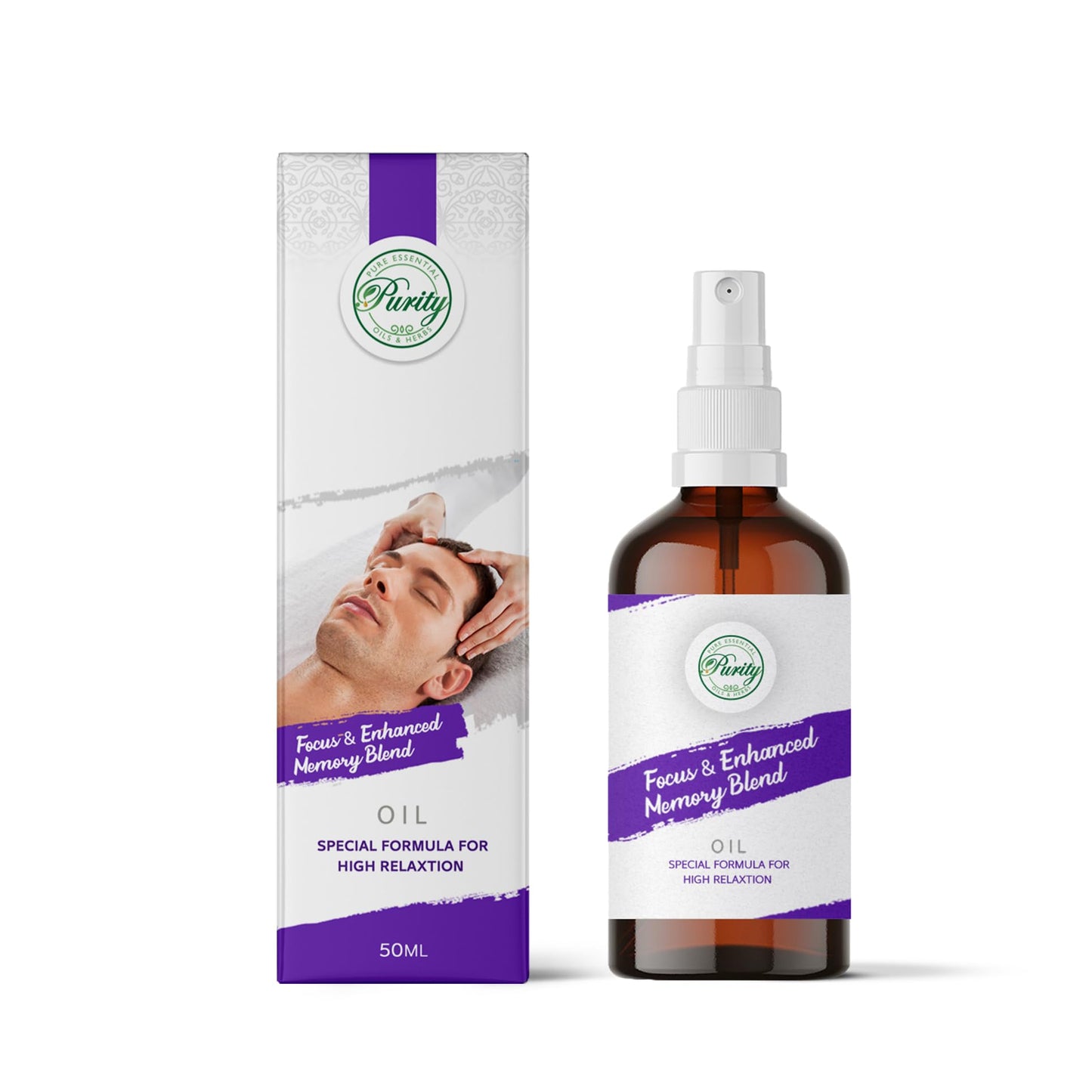 Purity- بيورتي Focus & Memory Enhancement Massage Oil – 100% Natural Blend with Essential Oils of Rosemary & Lemon – Boost Cognitive Function & Mental Clarity (50ml)