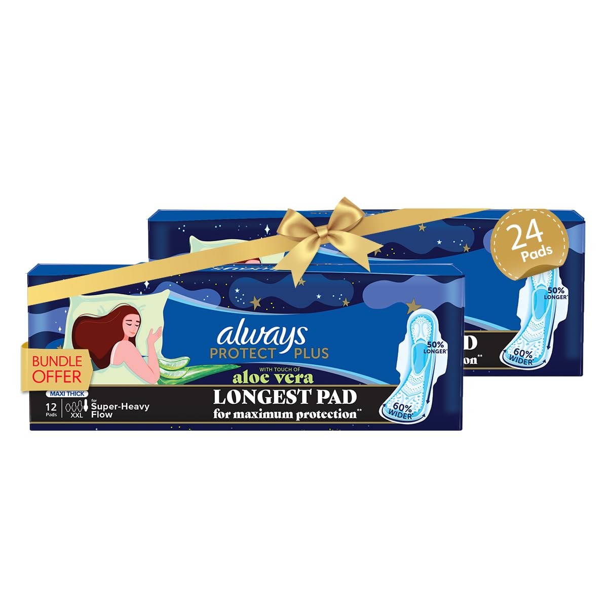 Always Protect Plus Maxi Thick Extra Extra Long Pads, with Aloe Vera, Bundle Offer, 24 Pads