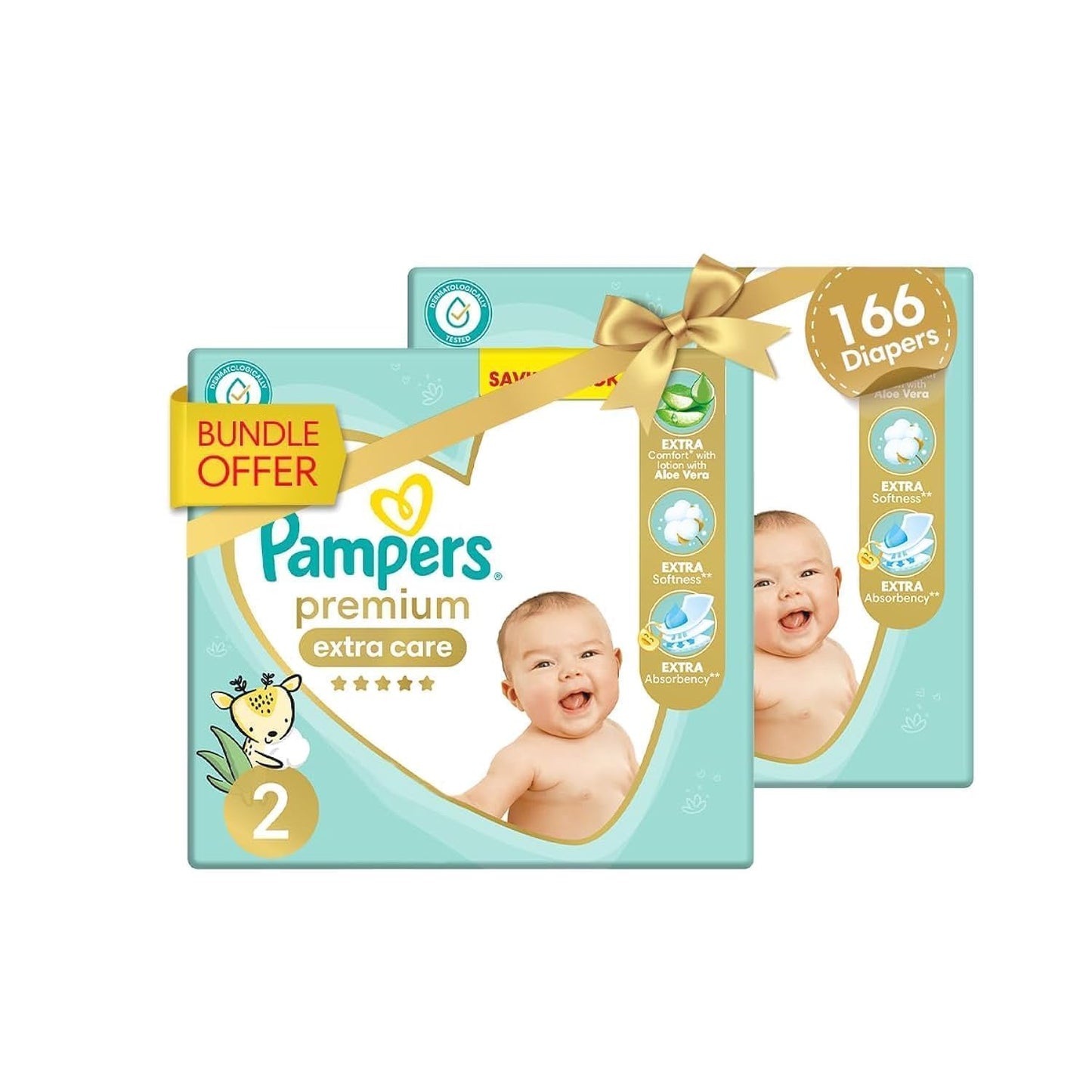 Pampers Premium Extra Care Diapers, Size 2, 3-8 kg, with lotion with aloe vera 166 Baby Diapers Bundle of 2
