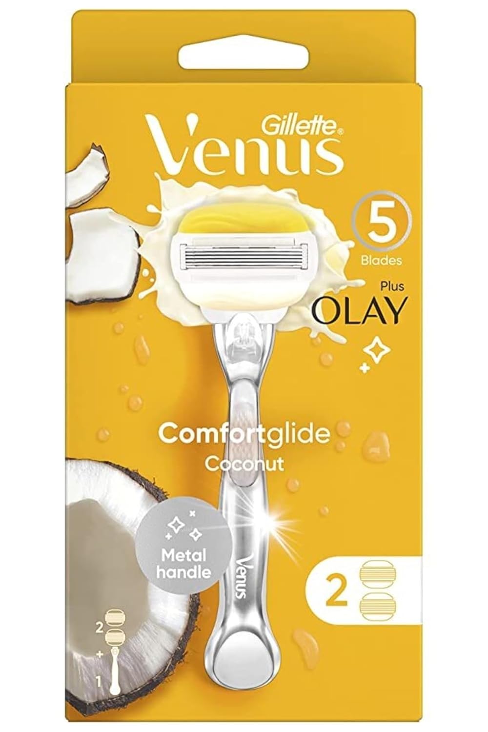 Gillette Venus Comfort Glide CoconutW/Olay Razor 5 Bladed + 2 Count Blades Refill